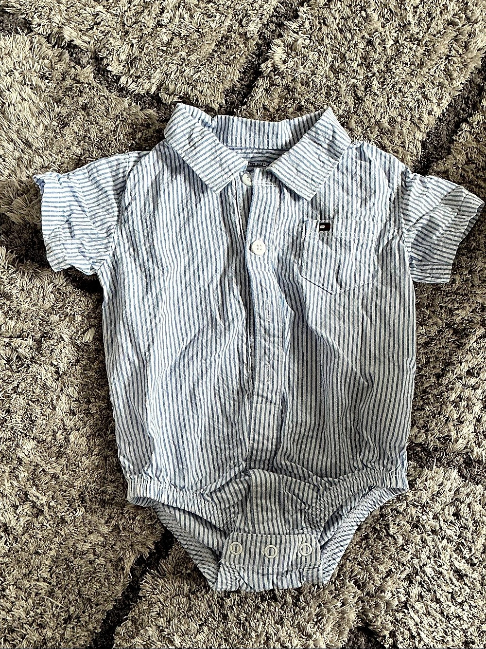 Tommy Hilfiger Short Sleeve Striped Collared Button-Up Bodysuit Blue & White